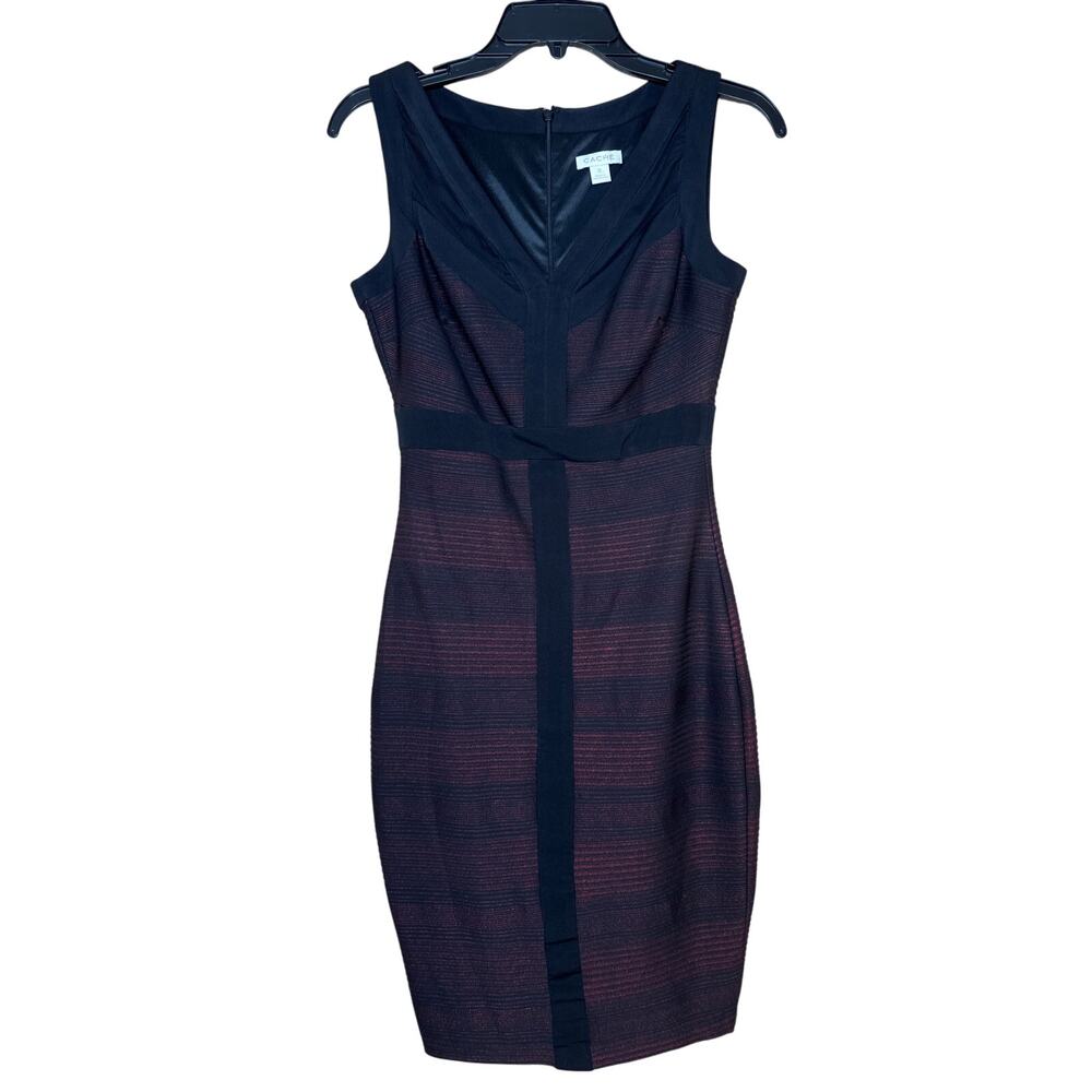 Cache Ribbed Bodycon Dress Black Red Shimmer Sleeveless Cocktail Size 0